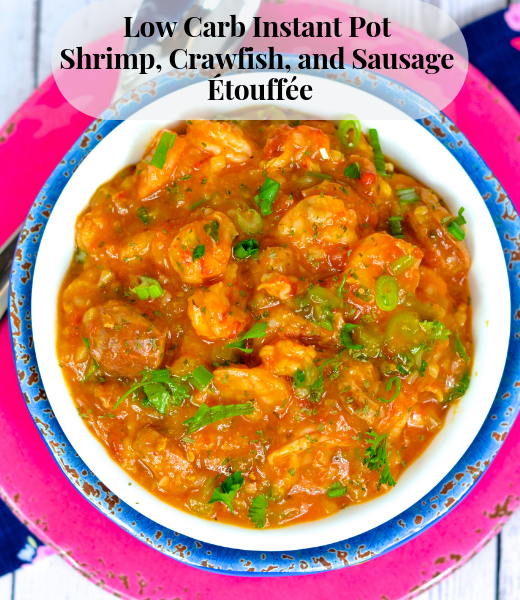 PICTURE Low Carb Instant Pot Shrimp, Crawfish, and Sausage Étouffée This easy low carb kept friendly Instant Pot étouffée will be a new favorite in your house. With a few simple swaps using cauliflower rice, this dish is excellent for low carb dieters. PICTURE Before scrolling down to the recipe, be sure to read my easy tips for making your recipes low carb, keto friendly and delicious. NOTE: We are a participant in the Amazon Services LLC Associates Program, an affiliate advertising program designed to provide a means for us to earn fees by linking to Amazon.com and affiliated sites. PICTURE Question time! What is your favorite cold weather dish? I posed the above question on the Skinny Louisiana Facebook page and received the same style answers: gumbo, stews, soups, and étouffées! Growing up in Houma, LA I knew exactly when each cold front arrived from the amazing of the trinity, onion, pepper, and celery sautéing for a roux for our gumbo, stews, and étouffée. From various seafoods to wild game, gumbo, stews, and étouffées was our cold weather served over a big serving of rice. Delicious! When discussing favorite cold weather dishes with my Yankee (so, he is from the midwest, but anything north of I10 is the north) husband, he had the same glimmer in his eyes and stated his cold weather comfort foods are meat and potatoes. Wha…. Not criticizing, but where is my flavor! Today, we are tackling étouffée. And better yet, make sure to tackle my popular Low Carb King Cake Cheesecake Bars http://www.skinnylouisiana.com/low-carb-king-cake-cheesecake-bars/! Étouffée discussion: Roux or No Roux? Tomatoes or No Tomatoes? A ‘roux’ is the basis of many of our gumbo, stews, and étouffées. A roux is combination of flour and butter (or other fat) used to add thickness to a dish. Growing up, the shock of not using a roux would have had you disowned by many family members, but in today’s health standards, the concern with a roux is the carb content. Similarly striking a nerve, the used of tomatoes in an étouffée can start a family feud. Some use tomatoes, some do not. I am not up for debating the subject since I cook based on taste. Food history states Cajun étouffée (which I am 100% Cajun) does not use tomatoes, and Creole étouffée uses tomatoes. My philosophy - you do you. You like tomatoes, use them. You don’t, leave them out. No one has that time for negativity. Restaurants love to serve up étouffée including Pappadeaux shrimp étouffée, Paul Prudhomme shrimp étouffée, and Emeril’s shrimp étouffée. When chatting with folks, I learned the love the crawfish étouffée, but many folks are ready to take this dish to a low carb keto étouffée recipe. And with that, it was time to go to my drawing board and bring out the ‘new’ trusty Instant Pot. The result is an amazing low carb keto friendly étouffée the entire family will love. I hope you and your family will enjoy it as much as mine does! Where to Shop for Low Carb Ingredients Before I go over ingredients, know the items used in this recipe can be found at many of your local supermarkets and Drug Emporium. Many of you know my love of Drug Emporium stores. Not only does Drug Emporium have amazing prices (often the cheapest in town), I work with this amazing company in putting on Low Carb Food Demonstrations and product selection for shelves. All my items in the recipes are from Drug Emporium. For a full list of Drug Emporium store locations, click here. http://drugemporiuminc.com/ No Drug Emporium in your town? No worries, I have the links for where to purchase online! Where to Shop for Seafood While supermarkets do have a selection of seafood, make sure you are purchasing gulf coast and/or Louisiana gulf coast seafood. Do not purchase seafood from China. If you do not have access to crawfish (my son’s favorite seafood - one of his favorite recipes, Christian’s Crawfish Casserole, is in my first book, Skinny Louisiana…in the Kitchen) http://www.skinnylouisiana.com/order-cookbook/ , you can easily double the shrimp. Ingredients Low Carb Instant Pot Shrimp, Crawfish, and Sausage Étouffée Olive oil Onion Green Pepper Celery Garlic Applegate Andouille Sausage Tony Chachere’s Lite https://www.amazon.com/gp/product/B00ECJD4CG/ref=as_li_tl?ie=UTF8&camp=1789&creative=9325&creativeASIN=B00ECJD4CG&linkCode=as2&tag=skinnylouisia-20&linkId=71889821300d28dec414a9c9c6a70b55 Tabasco OR any other Cajun seasoning Diced Tomatoes Diced Tomatoes with Green Chilies 1/2 cup bone broth or broth Frozen Cauliflower Rice Parsley Crawfish Shrimp Xanthum Gum Low Carb Ingredients in our Low Carb Instant Pot Shrimp, Crawfish, and Sausage Étouffée Extra Virgin Olive Oil Yes, you can sub your favorite kept friendly oil and/or ghee in this recipe. Sausage While sausage in general is a low carb food, I am specific when choosing my meats. I used Applegate Andouille Sausage https://applegate.com/ since it is a nitrate-free, no antibiotic meat. Not the mention, the flavor is amazing. You are welcome to use your favorite sausage, just check the carb count and ingredients list to make sure you don’t purchase a sausage with added sugar. Seasoning While not technically a low carb food, I do watch out for sodium in our food. We used Tony Chachere’s lite in this dish. Diced Tomatoes This ingredients is based on personal preferences. Tomatoes are an amazing source of lycopene, but for some on the keto diet, you would need to fit this in your macros if you do not eliminate the tomatoes. I love tomatoes in my étouffée, but you can leave out. My philosophy - you do you. You like tomatoes, use them. You don’t, leave them out. No one has that time for negativity. Rice With any gumbo, stew, or étouffée, rice is a must but in the low carb world, rice makes us run away, very fast. 1/2 cup of cooked white rice yields 21 grams of carbs AND NOTE wheat rice doesn’t fair much better. In fact, many of us do not realize the wheat rice has the SAME amount of carbs as our white rice. Enter our amazing vegetable, the cauliflower. From pizza to bread, cauliflower is an amazing substitute for rice in many of our recipes. Riced cauliflower is available frozen or in the produce section of the stores. Flour With any roux, flour is the basic ingredient. Flour serves as a thickening agent in our savory dishes. Flour in the low carb and low net carb world makes us cringe since whole wheat flour has 21 grams of carbs and 3 grams of fiber per 1/4 cup serving. Typically, we would make a roux first, but in the Instant Pot, we use Xanthum Gum. Xanthum gum is very popular in gluten free cooking because of its ability to thicken dishes and mimic the gluten. It is formed with the fermentation of glucose and a bacteria found in cabbage. Traditionally added to various desserts using almond and coconut flour to prevent the product from falling apart, xanthum gum is added at the end of the cooking process to thicken our étouffée in place of our roux. Xanthum gum has a high fiber count, leading to a ZERO net carb product! How to Make Low Carb Instant Pot Shrimp, Crawfish, and Sausage Étouffée Defrost your Sausage, Crawfish, and Shrimp. Grab the Cutting Board. Using a sharp knife, chop onions, peppers, celery, and garlic (mince). Place aside. With a new cutting board, slice your sausage. Place aside. Plug in the Instant Pot. Press the SAUTE button FIRST, then add your olive oil. Add onions, pepper, celery and sauté for 5-7 minutes. Add garlic. Continue to sauté for 1 minute. Add sausage. Cook for 5 minutes. Add seasoning, tomatoes (again, you can omit this), bone broth, and cauliflower rice. Combine. Press CANCEL. Lock lid. Make sure vent is SEALED. Press MANUAL. Cook on high pressure for 7 minutes. When Instant Pot Beeps, do a QUICK release. When valve drops, unlock and remove lid. Stir in parsley and shrimp. Press SAUTE button. Sauté for 5 minutes or until shrimp are pink. Stir in crawfish. Sauté 1 minute. Press KEEP WARM button. Xanthum Gum. Adding Xanthum gum is easy, but NEVER overdo it. Using a 1/2 teaspoon (yes that small), sprinkle Xanthum gum over mixture and quickly stir using a wooden spoon until Xanthum Gum is dissolved. I used 2 teaspoons of Xanthum gum, so this means I added Xanthum gum and stirred the mixture 4 times. Let sit for 3-5 minutes stirring occasionally. Serve. How to Make Low Carb Instant Pot Shrimp, Crawfish, and Sausage Étouffée Ingredients: 1 tbsp olive oil 1 onion, chopped 1 green pepper, chopped 3 stalks of celery, chopped 1 tbsp. garlic (or 3 garlic cloves, minced) 1 pkg. Applegate Andouille Chicken Sausage (or your favorite sausage) 1/2 tsp. Tony Chachere’s lite (or other light Cajun Seasonning) 1 tsp. Tabasco 1 14.5 oz can low-sodium or no salt diced tomatoes (keto can omit OR fit with macros) 1 10 oz can diced tomatoes with green chiles (keto can omit OR fit with macros) 1 pkg. frozen cauliflower rice 1/2 cup low sodium bone broth OR low sodium broth 1/2 cup parsley, chopped 1 lb. shrimp, peeled and deveined 1 lb. cooked crawfish, peeled and deveined 2 tsp. Xanthum gum Directions: Press SAUTE button on Instant Pot. Add oil. Add onion, green pepper, and celery. Sauté for 5-7 minutes. Add garlic. Sauté 1 minute. Add sausage. Sauté 5-7 minutes. Turn off Instant Pot by pressing KEEP WARM/CANCEL button. Stir in Tony’s Chacheres, Tabasco, diced tomatoes, diced tomatoes with green chiles, cauliflower rice, and bone broth. **REMEMBER - You CAN omit the tomatoes if you are strict keto or do not like etouffe with tomatoes. Secure lid. Make sure venting valve is sealed (closed). Press MANUAL function. Cook on high pressure for 7 minutes. When timer beeps, use quick-release method. Make sure valve drops. Unlock and remove lid. Press SAUTE button. Stir in parsley and shrimp. Cook 5 minutes. Stir in crawfish. Cook 1-2 minutes or until crawfish is warm. Press KEEP WARM/CANCEL button. Using a 1/2 teaspoon, sprinkle Xanthum gum over mixture. Stir until Xanthum gum is dissolved. Repeat 3 more times. Serve. Yield 10. 3/4 cup servings. Nutrition facts WITH tomatoes: NET CARBS: 6g. Calories: 190. Total fat: 6g. Cholesterol: 150mg. Sodium: 720mg. Total carbs: 9g. Fiber: 3g. Sugar: 4g. Protein: 24g. Nutrition facts WITHOUT tomatoes: NET CARBS: 4g. Calories: 180. Total fat: 6g. Cholesterol: 150mg. Sodium: 600mg. Total carbs: 6g. Fiber: 2g. Sugar: 2g. Protein: 24g. Carb count exclude sugar alcohols. New carb count is determined with the equation total carbohydrate – total fiber – sugar alcohol. This recipe was developed and copyright by culinary dietitian Shelly Marie Redmond. She is the author of Skinny Louisiana…in the Kitchen and upcoming Skinny Louisiana…in the Slow Cooker. She practices out of Eberhart Physical Therapy which she co-owns with her husband Greg. In her spare time, she watches Snapped and Investigation Discovery (let’s be honest!) You can purchase her book at the following link. http://www.skinnylouisiana.com/order-cookbook/ Want more Skinny Louisiana? Follow us on: Facebook – join our interactive community sharing recipes and video tips. Pinterest – let’s exchange recipes. You Tube – watch my fun, educational recipe tutorials and kitchen hacks. Email – ask Shelly questions at shelly@skinnylouisiana.com